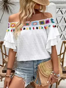 Women's Plus Size Elegant Off-Shoulder Ruffle Top with Colorful Fringes, All Seasons Fashion Blouse, Stylish Casual Wear