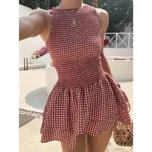 ChromaChic LEE Womens Sleeveless A Line Dress Red Checkered Pattern Flared Hem All Season Formal Casual Outfits Elegant Everyday to Party Attire