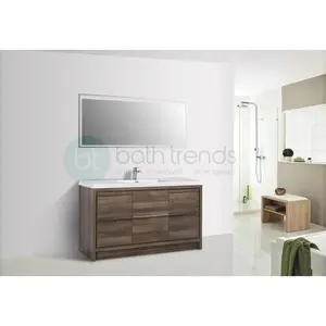 Granada 59 Brown Oak With Chrome Handle Cabinet, Square Cultured Marble Single Sink, Free Standing Modern Vanity Set