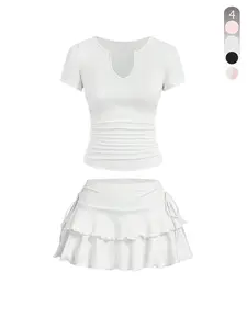 Two-piece Set Women's Solid Color Crop Tee & Ruffle Trim Skirt, Casual Fashion Cozy Basic Set for Daily Outdoor Wear, Ladies Clothes for Summer, Casual Outfits Women Matching Skirt Set