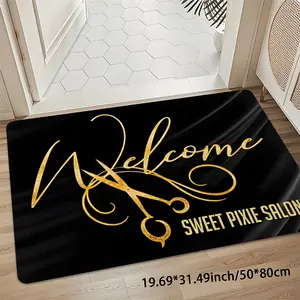 Golden Scissors Pattern Welcome Slogan Rug, Chic Barber Shop Door Mat & Hair Salon Entryway Rug for Fashion Studio Decor, 8mm Thick 850gsm Soft Velvet Mat, Non-Slip Washable Runner for Kitchen Bathroom Bedroom Living Room Laundry Room Mudroom Garden Campi