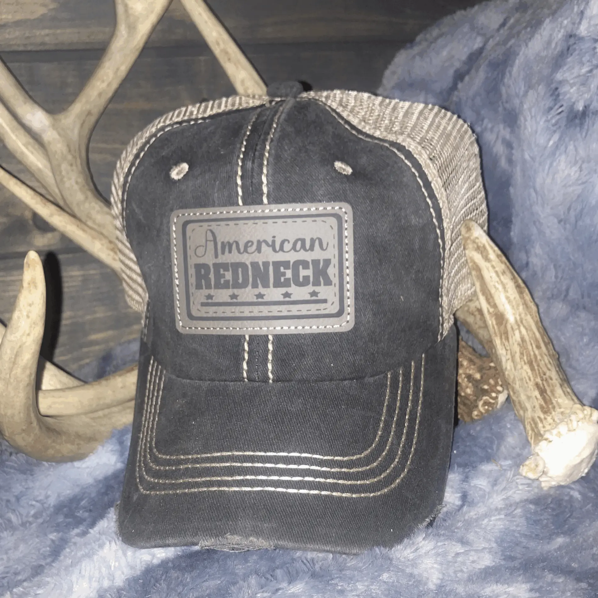American Redneck Grey on Black Patch (with stitching) - Distressed  Relaxed Fit 6 Panel Black Hat