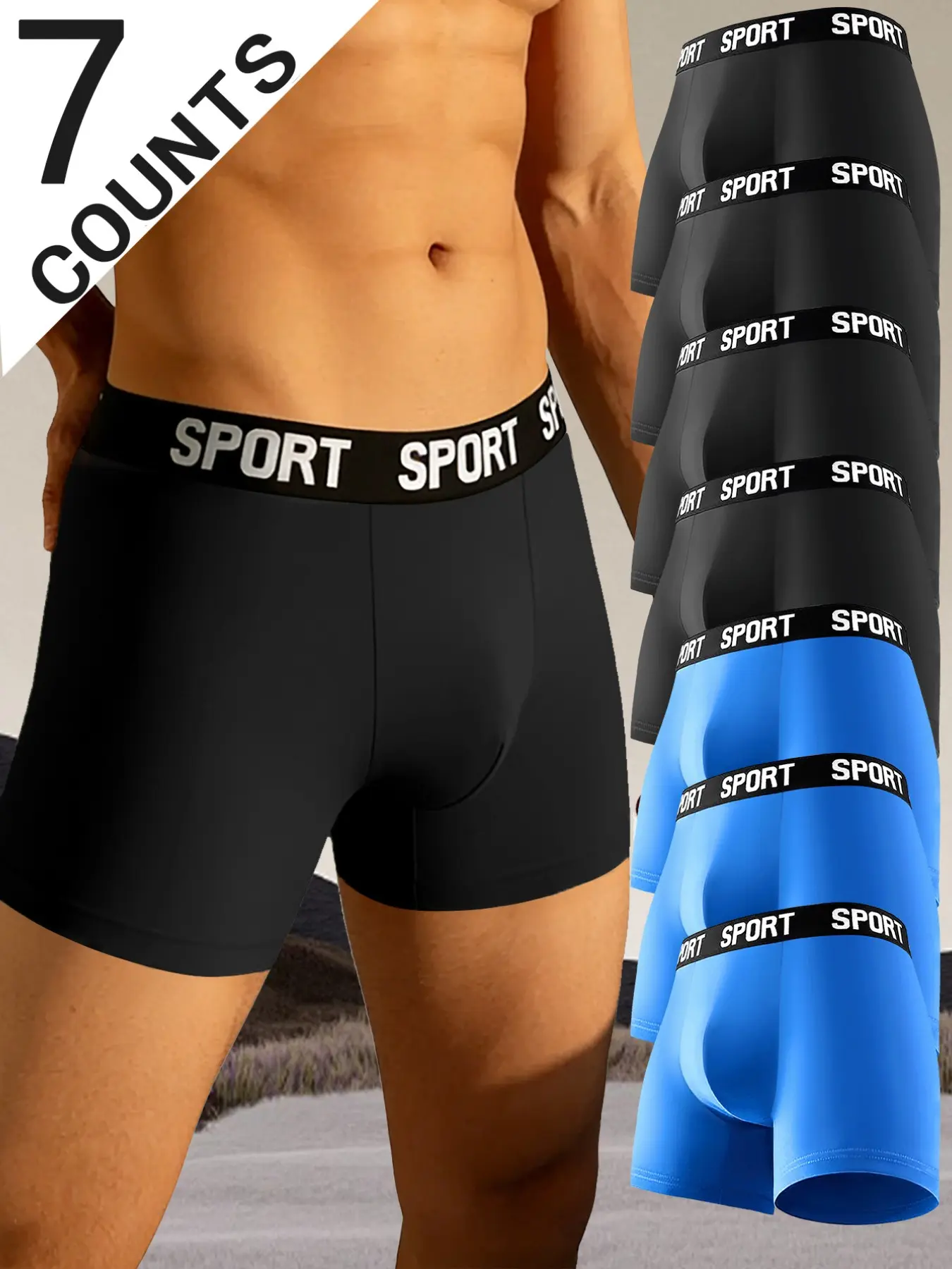 7 pcs men's slim fit Long style flat cornered underwear, Athletic Sport Underwear, Soft, loose, lightweight, elastic waistband, suitable for Four Seasons sports, daily casual wear, fitness boxing, and outdoor activities, Workout gym underwear