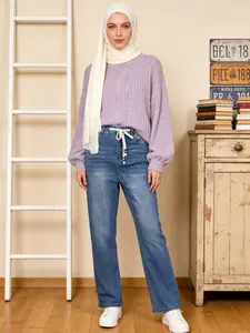 Muslim Women Blue Drawstring Straight Leg Jeans, Elastic Fabric, All Seasons, Perfect for Dating, Work, Play, Spring Summer