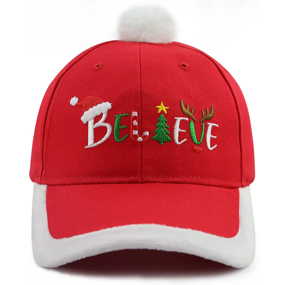 Unisex 'Believe' Christmas Baseball Cap, Funny Embroidered Cotton Holiday Hat with an Adjustable Fitted Back & Pom Pom, Unisex Appeal, Female