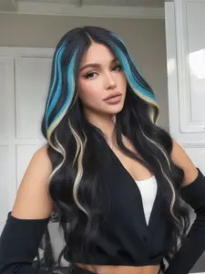 13*4 inch wavy lace wig, women's style, highlighted blue-gold, heat-resistant fiber gradient gold-blue silky straight lace wig, pre-exposed hairline, glue-free lace wig, glueless wigs, suitable for Christmas and cosplay. 24 inches.