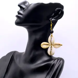 Cross Shaped Cowrie Shell Earrings - Elegant Design with Gold Accents, Suitable for Everyday Wear