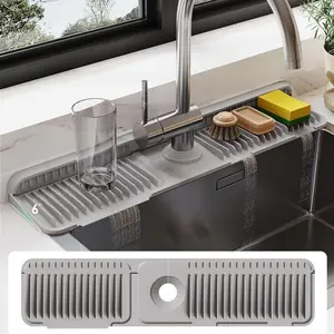 18 inch Kitchen Silicone Sink Faucet Mat Upgraded Protection Drain Mat with Customizable Hole & Button Design for Efficient Drainage Foldable Design Dishwasher Safe