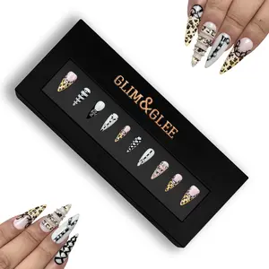 Glim&Glee Handmade Stiletto Press On Nails Anti-Wrinkle Acrylic Reusable False Nails With Pearl & Metallic Accents Elegant Wearable Nail Tips In Black Box For Gifting