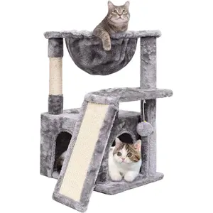 Tree for Indoor Cats Large Adult, Modern Activity Tower with  Posts & Board, Condo with Plush Perch, Climbing Stand with Cradle & Hanging Ball for Play, Light Grey