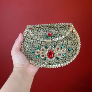 Maharani Gem Clutch - Elegant Gold Color with Red and Green Gems for Special Occasions
