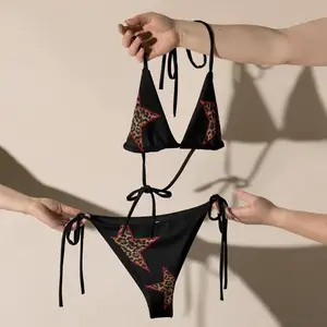 TikTok Viral Women’s Triangle String Bikini Set, Black Leopard Star Print Halter Swim Top & Tie-Side High Cut Bottom