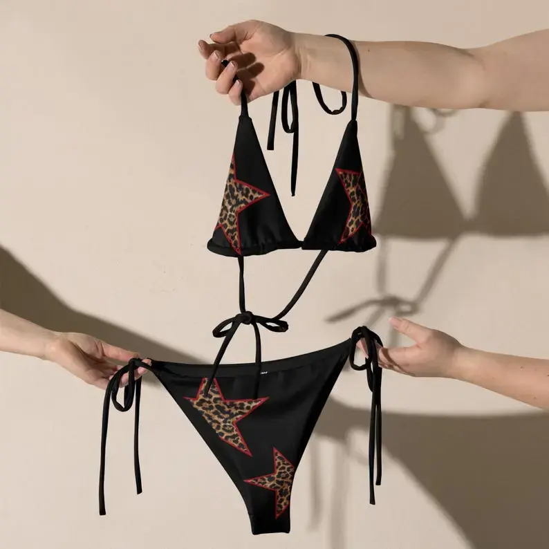 TikTok Viral Women’s Triangle String Bikini Set, Black Leopard Star Print Halter Swim Top & Tie-Side High Cut Bottom