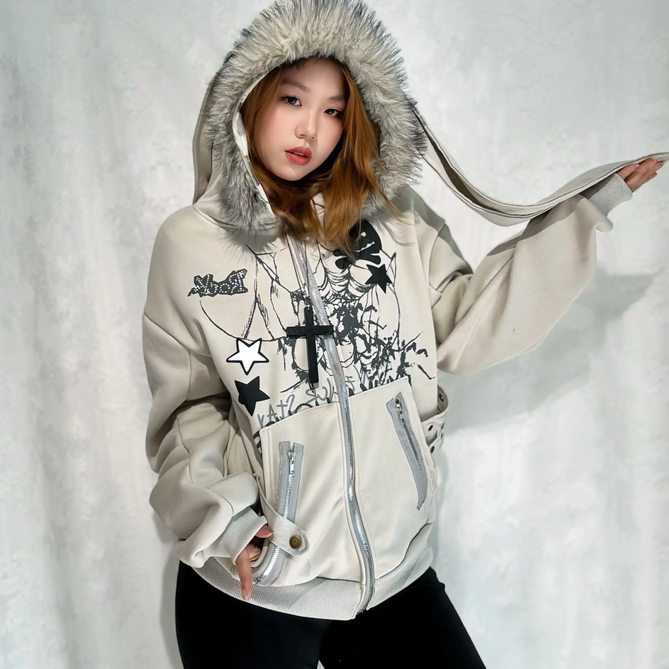 archive 羊革hoodie rabbit fur y2k Igb お兄系 ALIELNOSIRRAH 'Basement Rabbit' Bunny Ears Fur Zip Up Hoodie