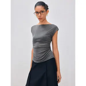 Cider Boat Neck Solid Ruched Short Sleeve Top