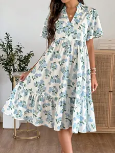Women's Fashion Blue Floral V Neck Short Sleeve a Line Dress, Summer Loose Fit Slimming Medium Long Babydoll Style Vacation Dress, Womenswear