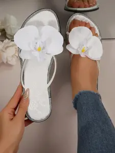 French 3D Flower Rhinestone Design Cute Fairy Commute Party Stickers, Soft Sweet Style Flat Sandals for Beach Wedding Office Home Outdoor Summer