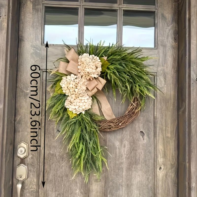 Rustic Bohemian Wreath (Double-Sided Door Hanger, Beige/ Greenery with Bow) | Natural Farmhouse Aesthetic Style, & Faux Plant Material | Front Door Decor, Living Room Accents, Holiday Ornaments (Christmas/ Easter/ Thanksgiving/ Halloween/ Hanu
