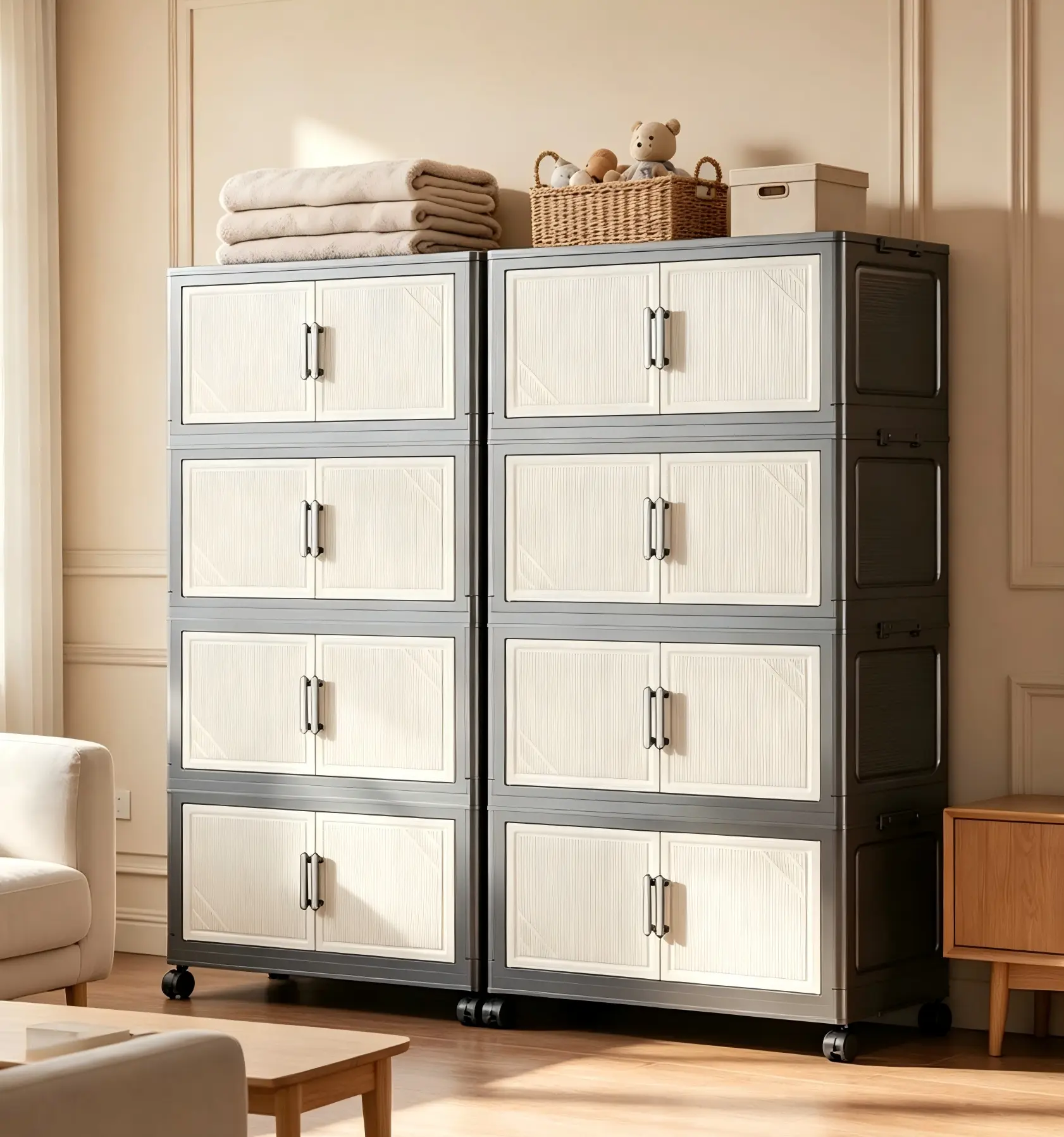 3/4/5 Tier Collapsible Stackable Storage Cabinet with Lids & Double Doors, Tool-Free Assembly Modular Plastic Bins with 360° Lockable Wheels, Dustproof Mobile Organizer for Bedroom, Bathroom, Kitchen, Laundry & Narrow Closet Space