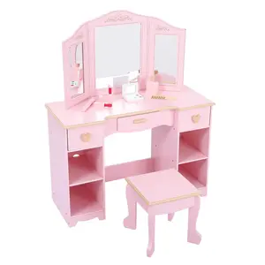 Garvee Pink Vanity Set with Three-Fold Mirror, Changing Table, Stool, Makeup Drawer, and Open Shelves for Young Girls Ages 3 to 9
