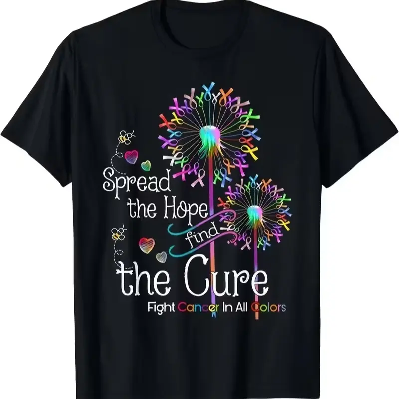 Men's Cancer Awareness T-Shirt with Dandelion Ribbon Graphic, Stylish Retro Short Sleeve Top in Soft Breathable Fabric for Charity & Casual Wear