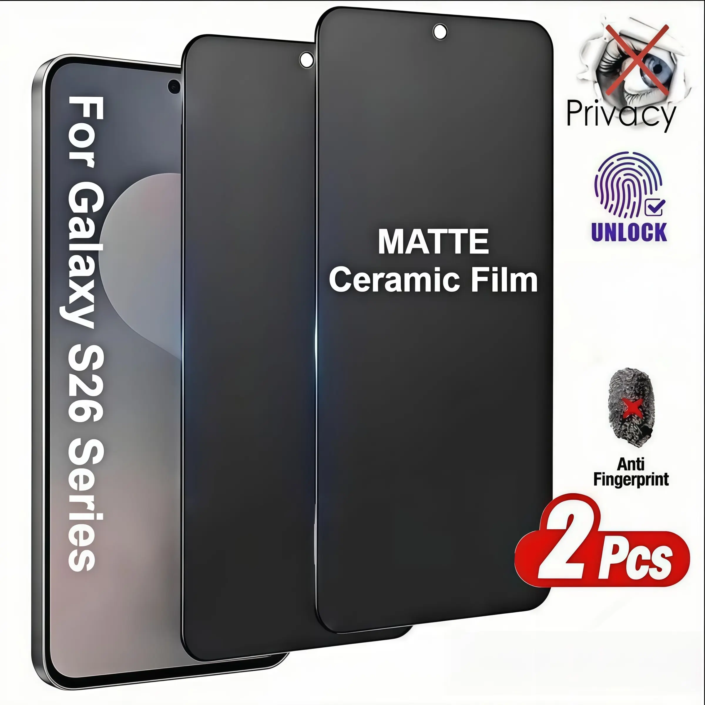 2 Pcs Matte Privacy Ceramic Protective Screen Protector for Samsung Galaxy S26/s25/s24/s23/s22/s21 Plus/edge/ultra/a57/a56/a55/a53/a52s, Full Coverage, Anti-Scratch, Anti-Fingerprint, Easy Installation, Protection