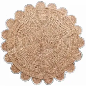 4x4, 5x5, 6x6,feet Natural Jute Scallop Round Rug, Scalloped Edge Rug Braided Boho Eco Large Area Rugs