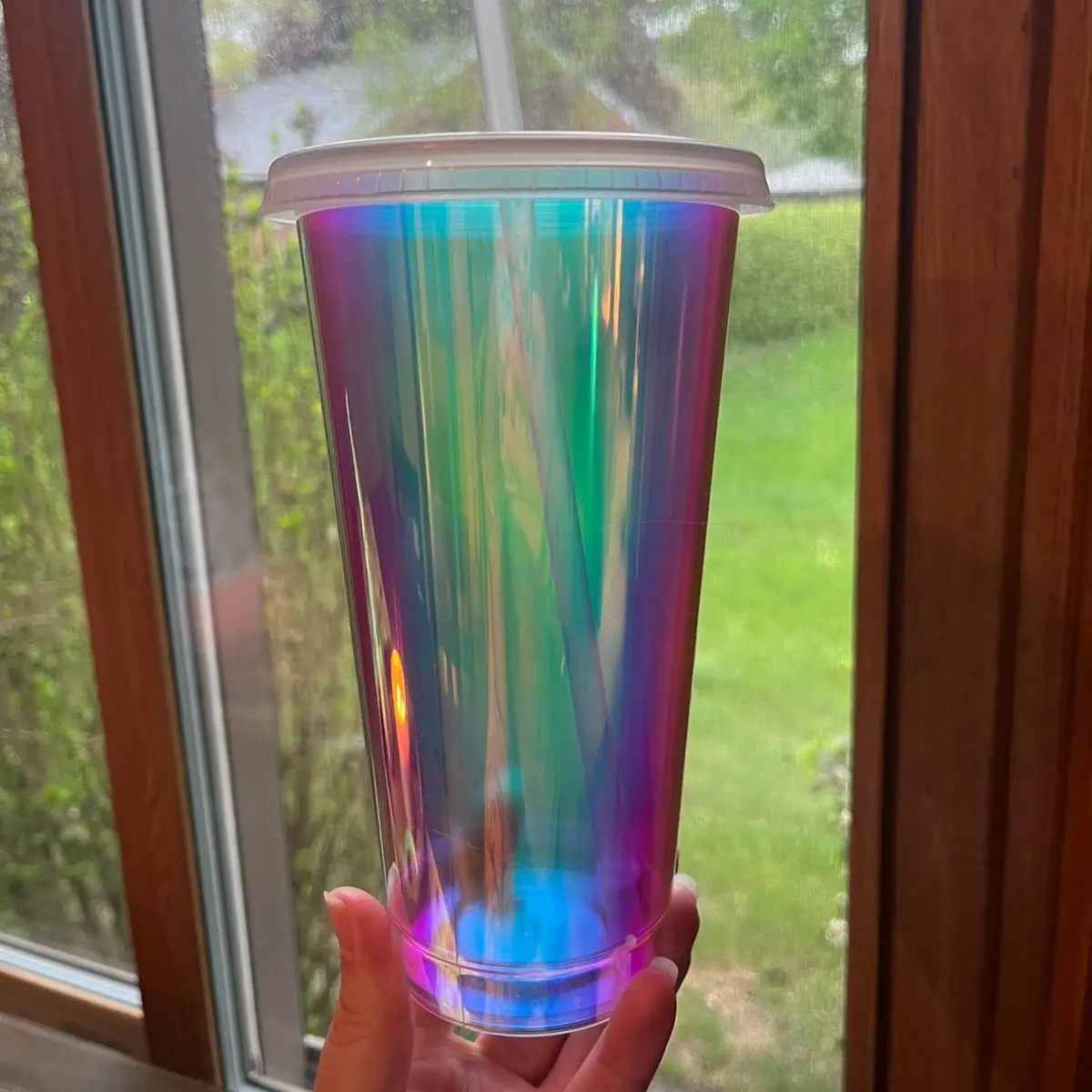 Iridescent 24 oz Reusable Plastic Cup with Plastic Lid and Straw - Portable, Washable, Ideal for Beverages - Water Bottles, Bottle, Mug, Bottled, Drinkware, Tumbler