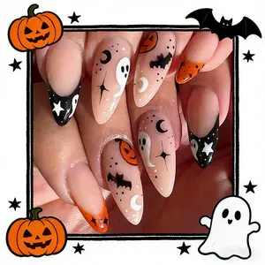 Halloween Press on Nails Almond Mediume Length French Fake Nails with Ghost Bat Pumpkin Moon Stars Design, Artificial False Nails Press Ons Stick On Nails For Women