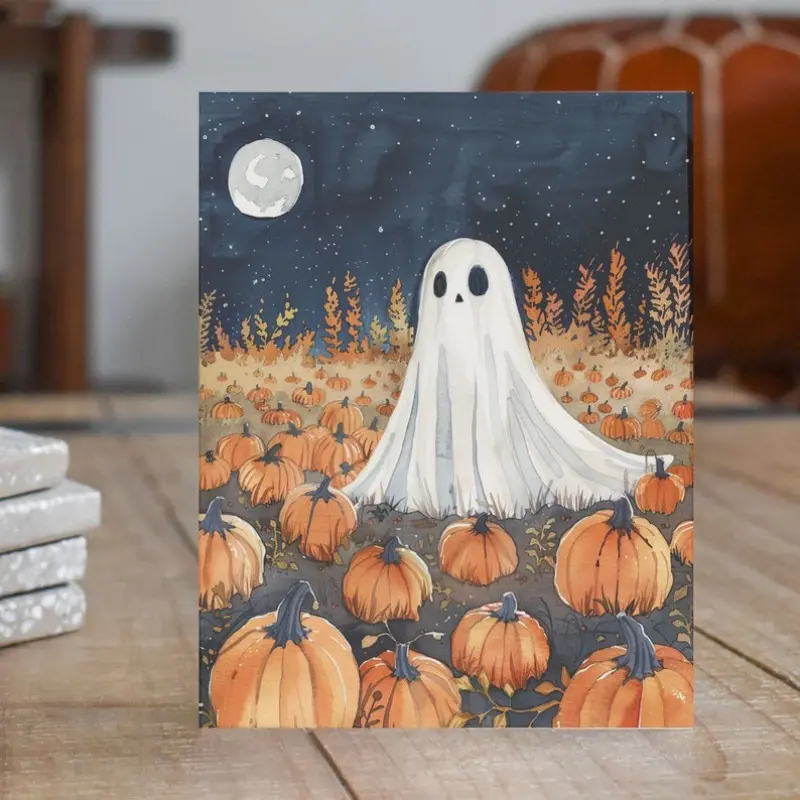 Handmade Watercolor Ghost in Pumpkin Field Card, Autumn Greeting, Thank You, All Occasion, Birthday Invitation, Note Card, Halloween