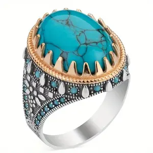 1 Piece of European and American Fashion Creative Inlaid Artificial Synthetic Turquoise Ring, Bohemian Style, Men's Casual Fashion Jewelry Gift