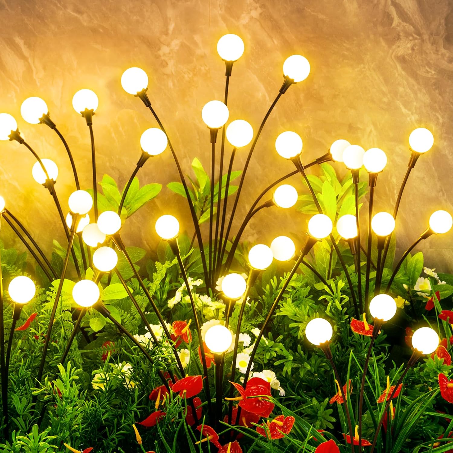 Outdoor Solar Firefly Lights, 4/8 Pack Waterproof Garden Stake Lights with Auto Dusk-to-Dawn Glow, 32/64 LED Bulbs for Yard, Patio, Pathway, Walkway & Landscape Decor