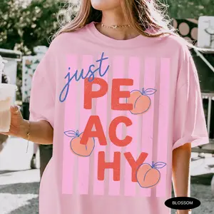 Just Peachy Shirt ,  Summer Fruit Tshirt Food Pun T Shirt Retro Graphic Tee Peach Graphic Tee Summer T-Shirt