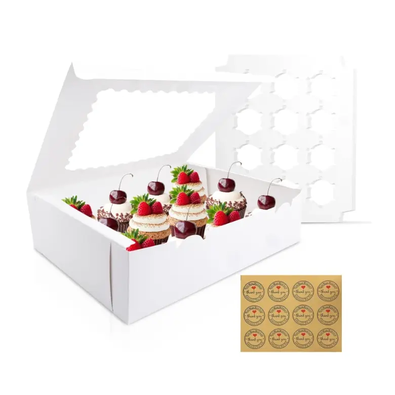 12Pcs White Windowed 12-Count Cupcake Boxes, Bakery Muffin Pastry Containers with Decor Stickers, Disposable Cupcake Holders for Birthday, Holiday Party, Dessert & Wedding Packaging Supplies