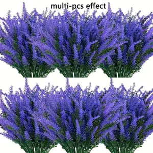 7 bunches of UV-resistant artificial lavender flowers in vibrant purple, suitable for outdoor gardens and windowsill decorations, fade-resistant plastic green plants, home decor lavender