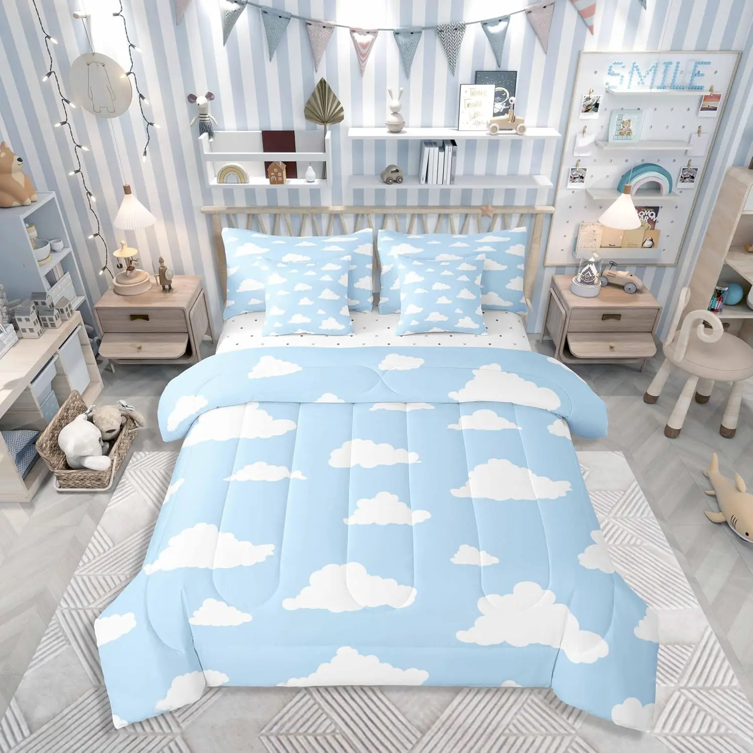 7 Pcs White Clouds Comforter Set with Sheets Cartoon Clouds Blue Sky Decor Bedding Sets Adults Bedroom Dorm Decor All Season Lightweight Bed Set