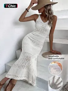 Women's Elegant V-Neck Sleeveless Dress, Casual Summer Beachwear, Fitted Plain Hollow Out Pattern, Thin Split Design, Fall Winter Fashion