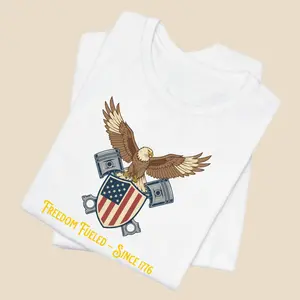 Women's Bella-3001 Style Round Neck Short Sleeve Cotton Fabric Jersey Tee - Digital Print Freedom-Fueled Eagle Pistons Graphic Top, Everyday Fit Casual T-Shirt