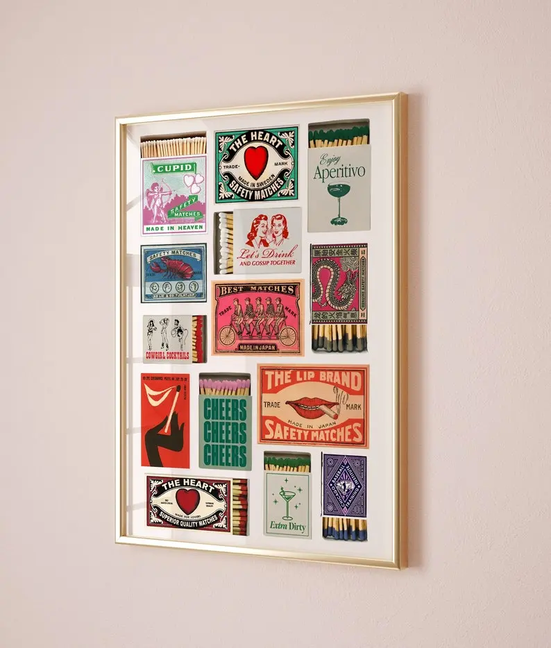 Vintage Matchbox Print, Trendy Matches Poster,Gallery Wall Print, Retro Matchbook Wall Art, Funky Red Aesthetic Print for Apartment, Room Decor, Poster Decor