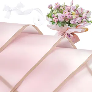 Pink Flower Wrapping Paper 20 Sheets - Waterproof Floral Wrap with Gold Edge Bouquet Wrapping Paper, 22.8 x 22.8 Inches, Florist Supplies