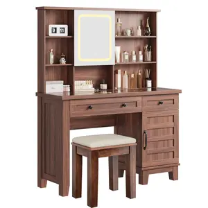 Garvee Farmhouse Makeup Vanity Desk with Soild Vanity Stool, 42" Glass Desktop Makeup Vanity Desk with Mirror, Lights & Charging Station,  Makeup Table with 2 Storage Drawers for Bedroom Dressing Room-White