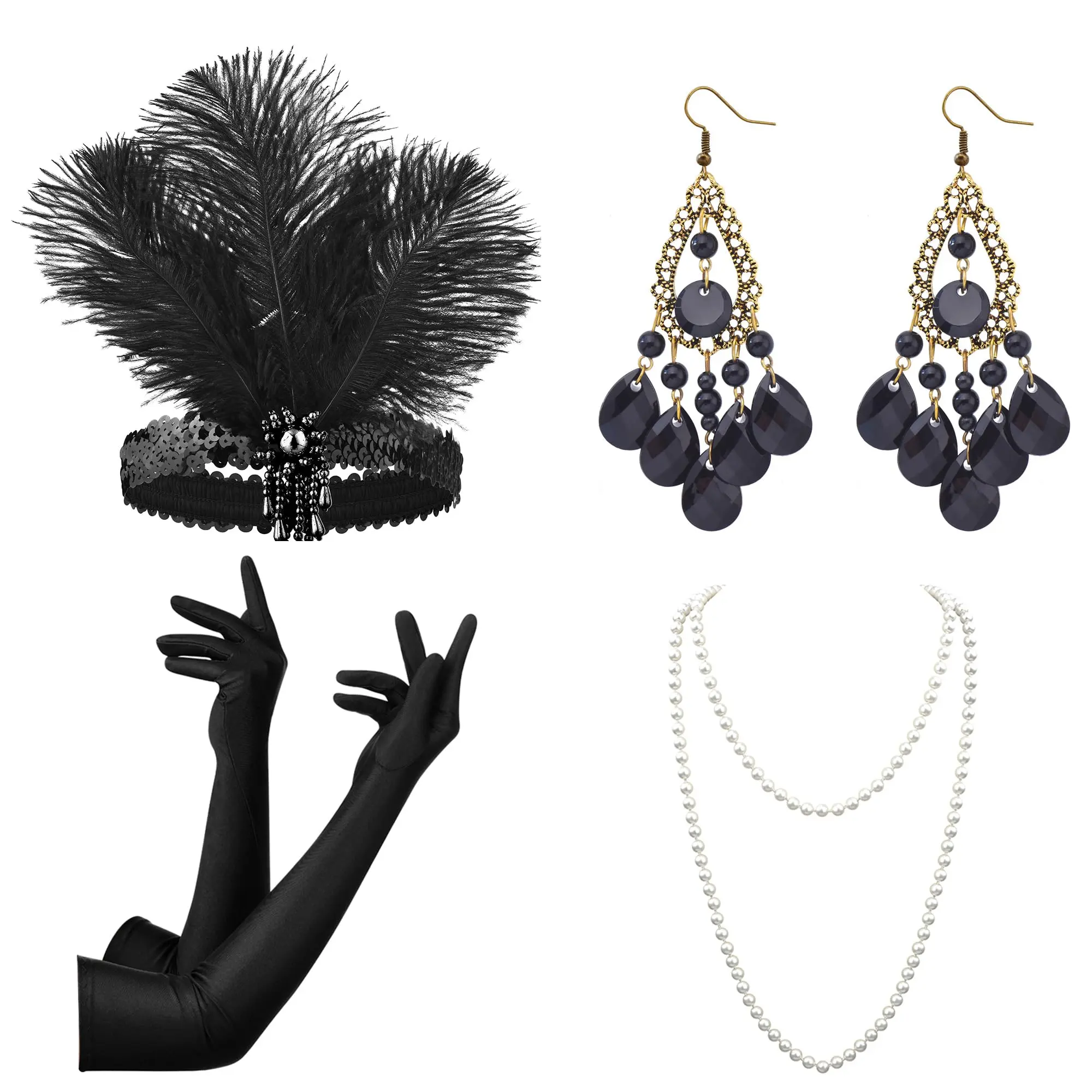 Lady's 4-Pcs 1920s Crystal Flapper Accessories Set - Elastic Satin Gloves, Headband, Dangle Earrings, Necklace, Fits Gatsby Theme Party, Halloween Costume (Elegance Fashion Accessory Set)