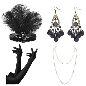 4 Pcs 1920s Flapper Accessories Set: Headband, Dangle Earrings, Necklace, Satin Gloves for Gatsby 1920s Theme Party, Halloween Costume, Women's Jewelry