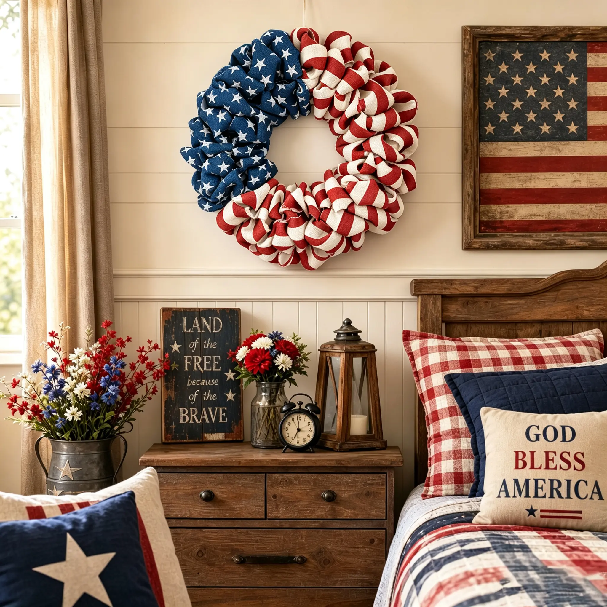 Farmhouse Style Red White Blue Burlap Wreath American Flag Front Door Porch Indoor Outdoor Patriotic Holiday Decor