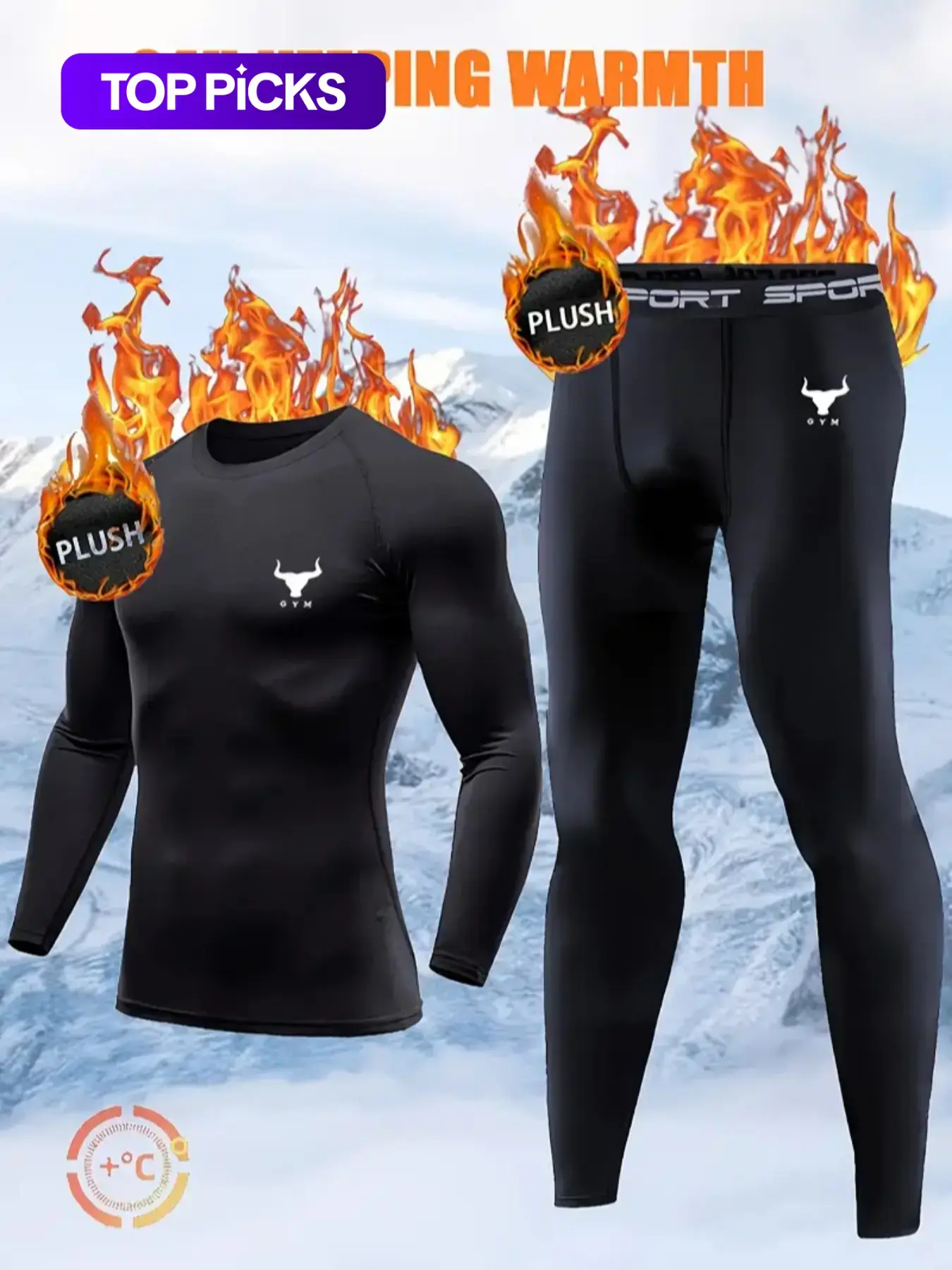 2PCS Men's Thermal Track & Field Base Layer Set – Black Compression Underwear with Bull Logo | Warm Retention for Skiing, Running, Hiking, Work Out, and Outdoor Winter Sportswear, Sports Apparel, Sport Activewear, Sports Clothes, Sports Leggings