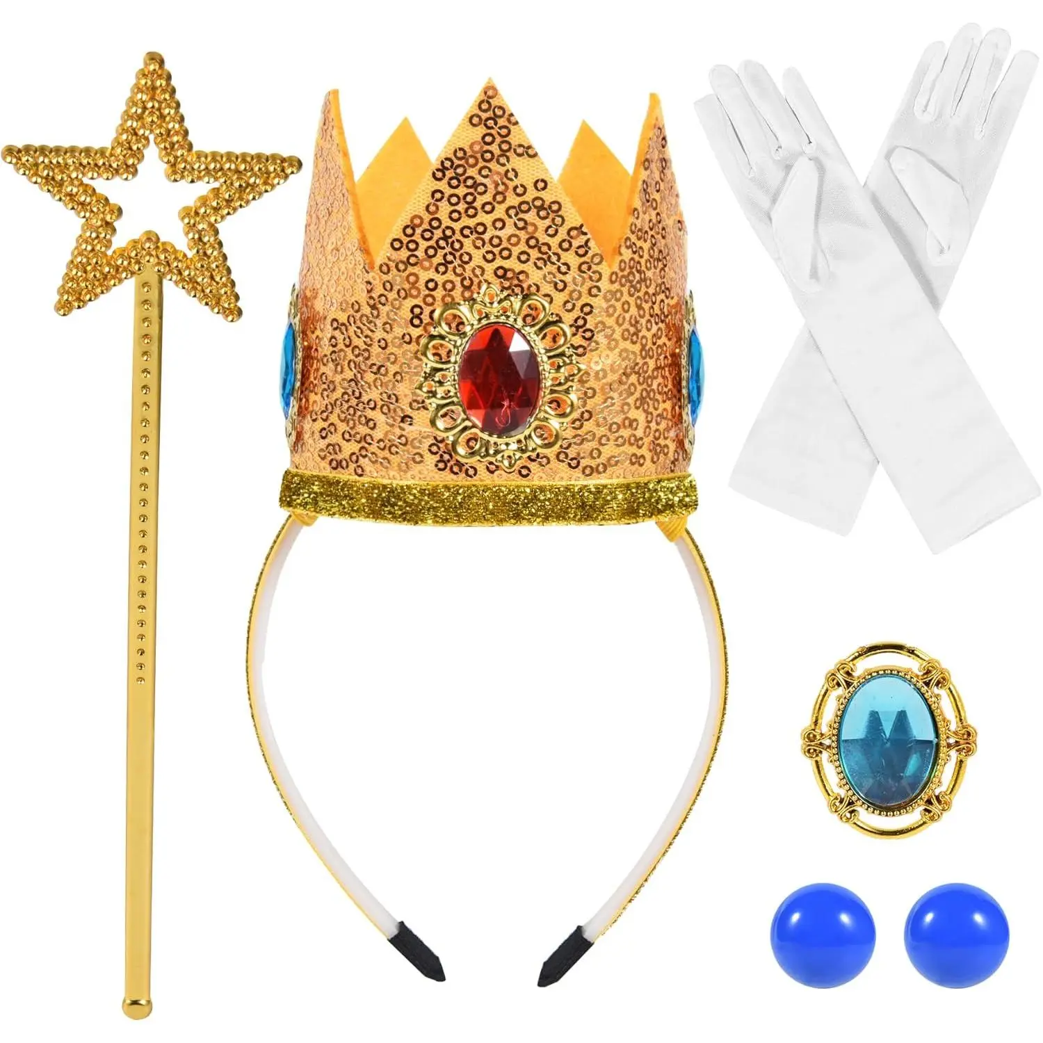 5PCS Princess Accessories, Princess Crown|Magic Wand|Brooch|Gloves|Earrings for Women