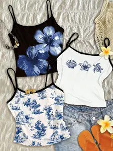 3-piece beach vacation camisole set, featuring Y2K fashion style, with black hibiscus floral print, white shell/turtle print, and white French pastoral print. The contrast-colored trimmed fitted sleeveless vest is machine washable and dry cleanable