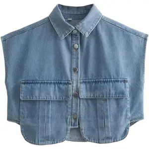 Womens Cropped Button Down Shirt Summer Collared Sleeveless Loose Denim Top with Pockets