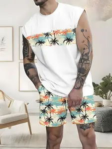 Men's Sleeveless Set, Coconut Tree Print Tee, Casual Vacation Style, Suitable for Beach Vacations, Daily, Casual Gatherings