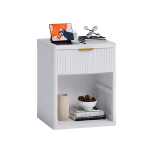 Fluted Nightstand with Charging Station, Bedside Table and Open Storage Space, Metal Handles and Rounded Corners for Safety, Mid Century Modern End Table, Bedroom